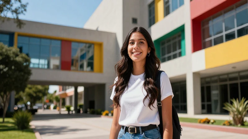 Estudiante exitoso en campus arquitectónico moderno