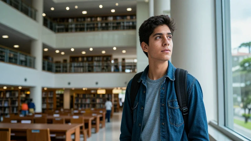 Estudiante mexicano sonriente en biblioteca moderna