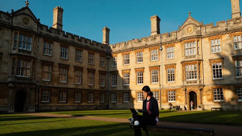 Estudiante en campus histórico, estilo cinematográfico