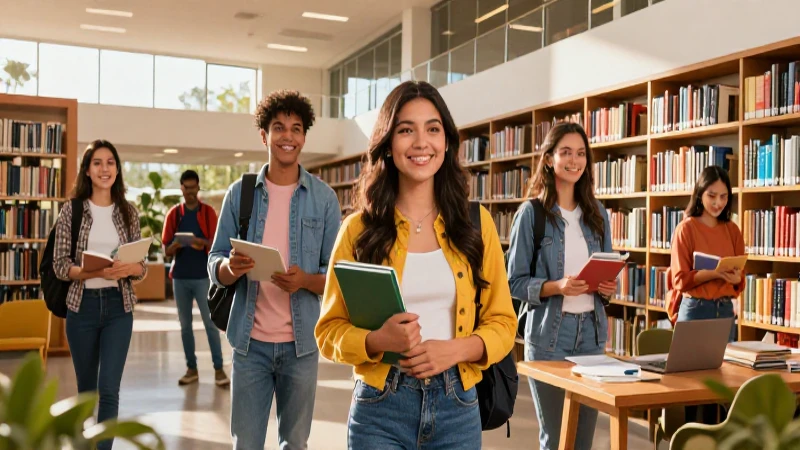Estudiantes mexicanos en biblioteca moderna al atardecer