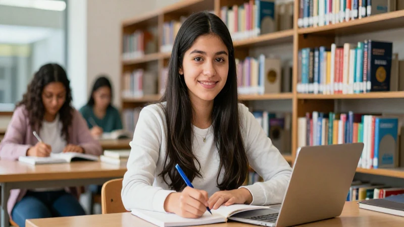Estudiante mexicana de psicología en una biblioteca moderna