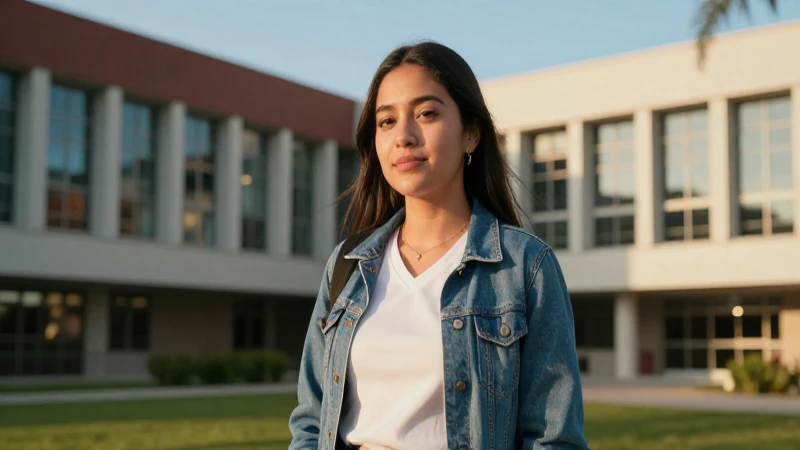 Estudiante mexicana en campus con luz dorada
