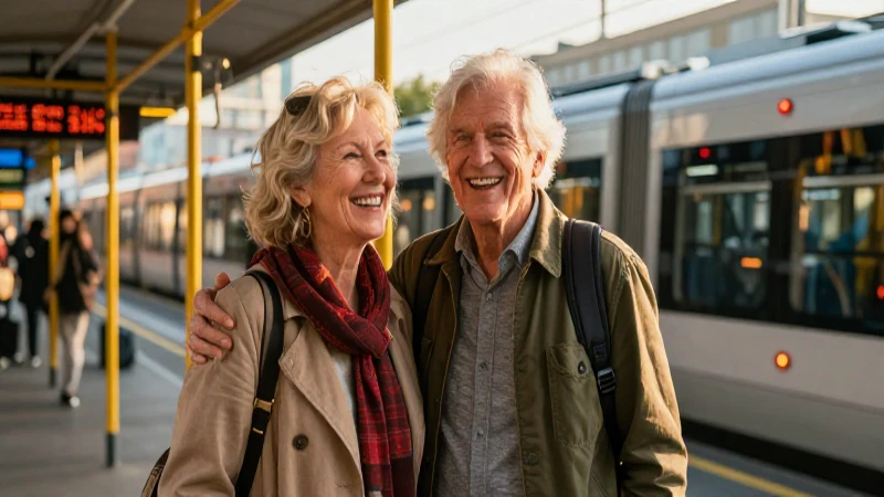 Pareja feliz en transporte urbano moderno