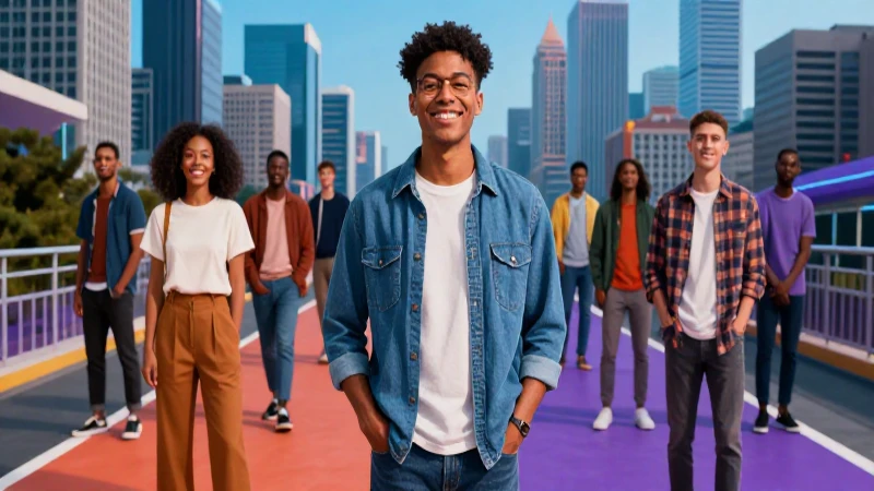 Joven sonriente camina hacia el futuro vibrante