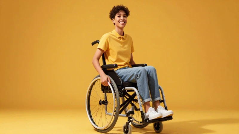 Joven sonriente en silla de ruedas, luz dorada vibrante
