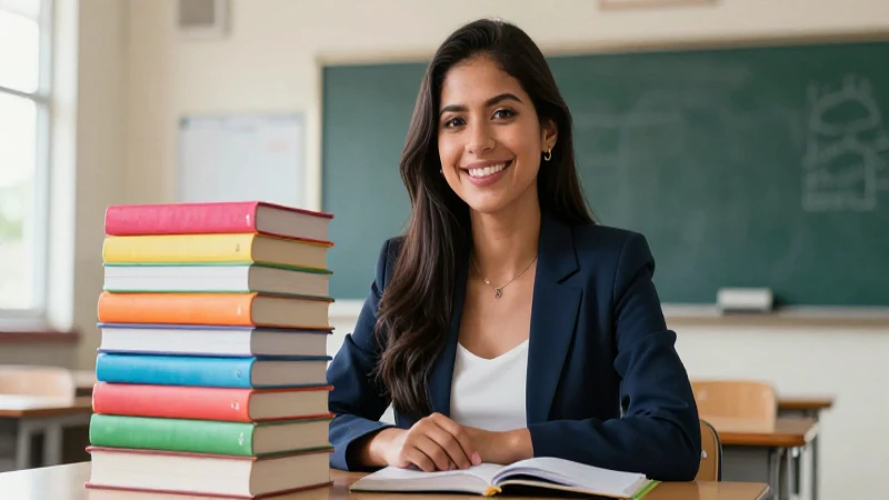 Mujer mexicana sonriente en aula moderna, estilo ilustración vibrante