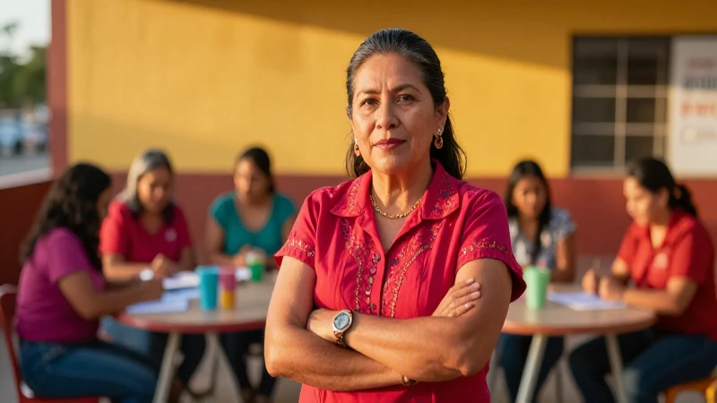 Madre mexicana elegante en centro comunitario vibrante