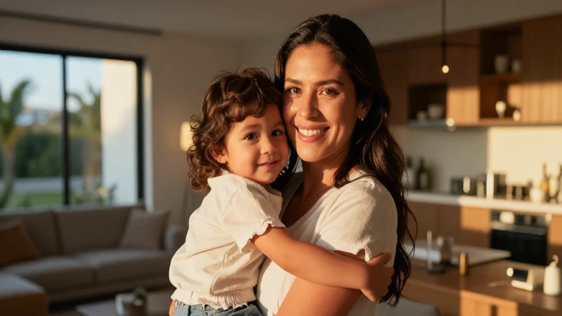 Madre mexicana sonriente abrazando a su hijo