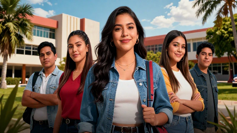 Madre mexicana orgullosa en campus vibrante