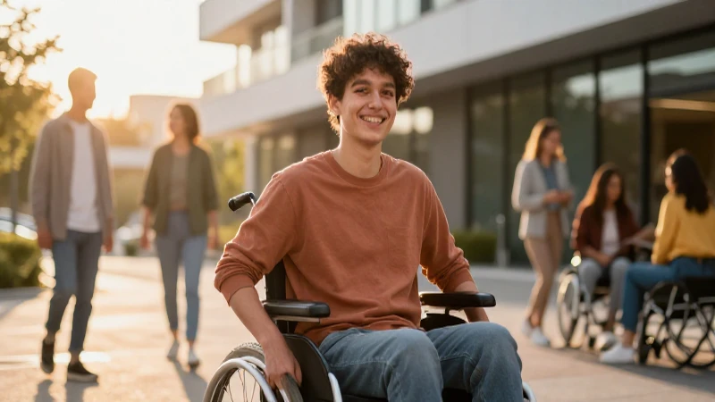 Joven con discapacidad sonríe en un entorno inclusivo