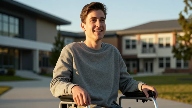Joven sonriente con ayuda, luz dorada, campus moderno