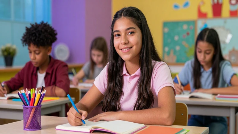 Estudiante mexicano brillante, útiles vibrantes, blog profesional