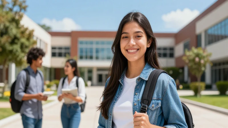 Estudiante mexicano sonriente en campus universitario moderno
