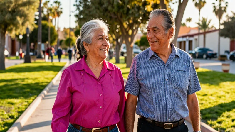 Pareja mayor sonríen en parque vibrante