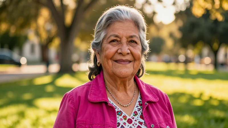 Mujer mayor mexicana sonriendo al atardecer