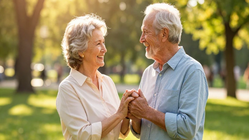 Pareja mayor feliz en parque al atardecer