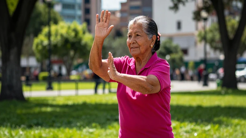 Mujer mexicana anciana hace tai chi