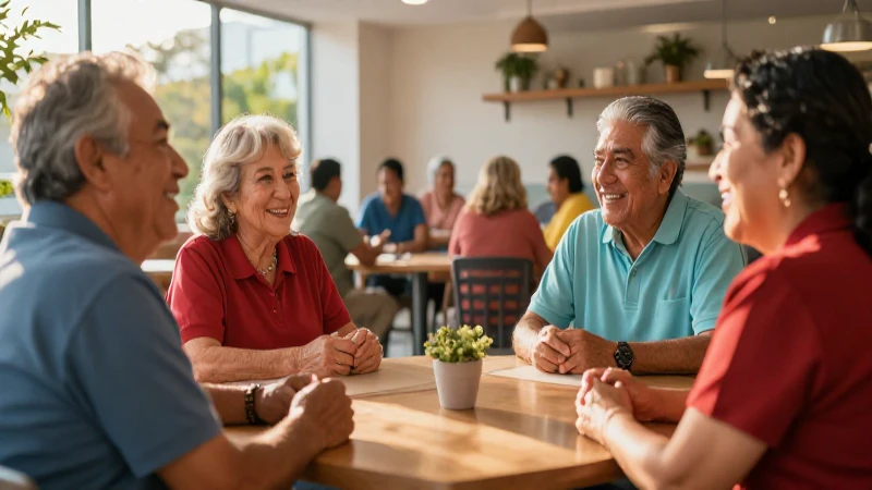 Abuelos mexicanos felices en un centro comunitario moderno