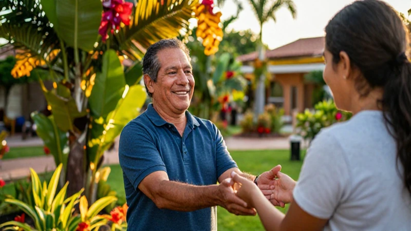 Retrato sonriente en jardín tropical