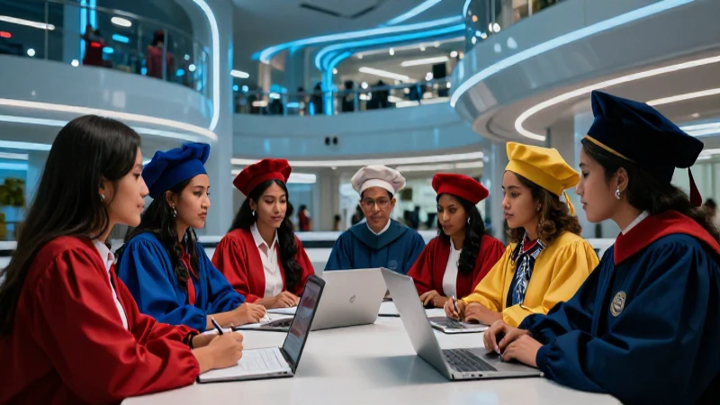 Investigadores mexicanos en campus universitario futurista