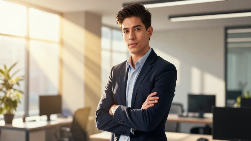 Joven mexicano exitoso en oficina moderna