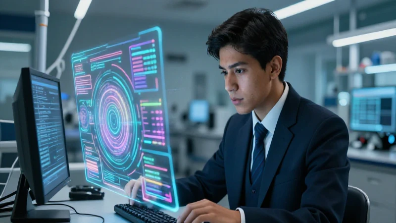 Estudiante mexicano concentrado en datos futuristas
