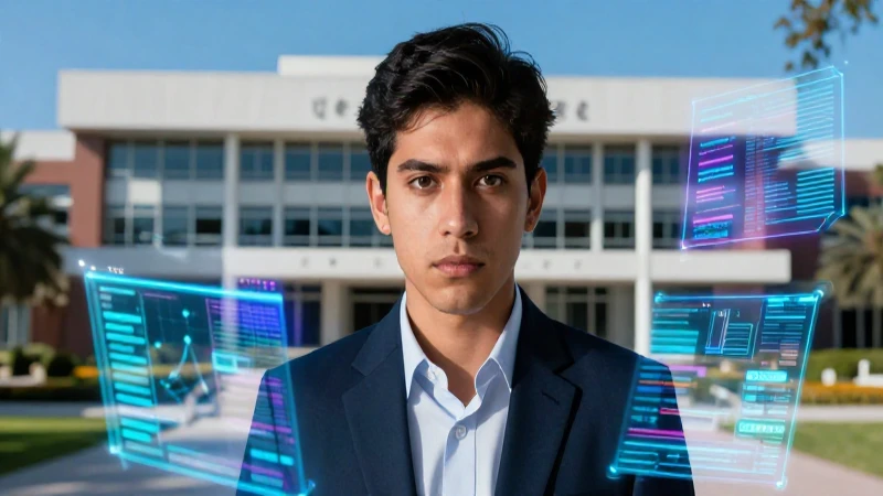 Joven académico mexicano con mirada intensa ante datos holográficos