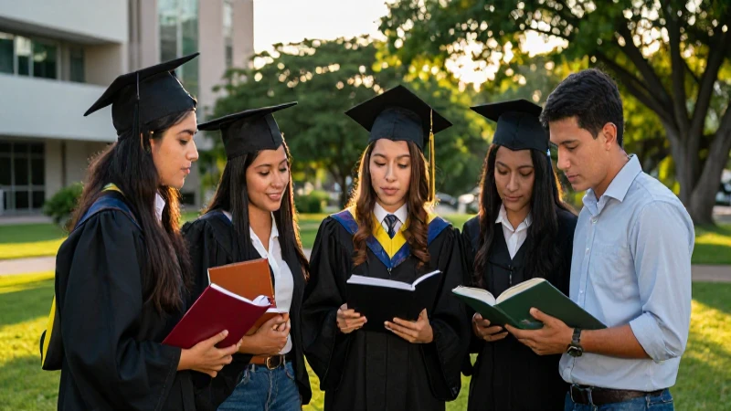 Estudiantes ambiciosos bajo luz dorada en campus