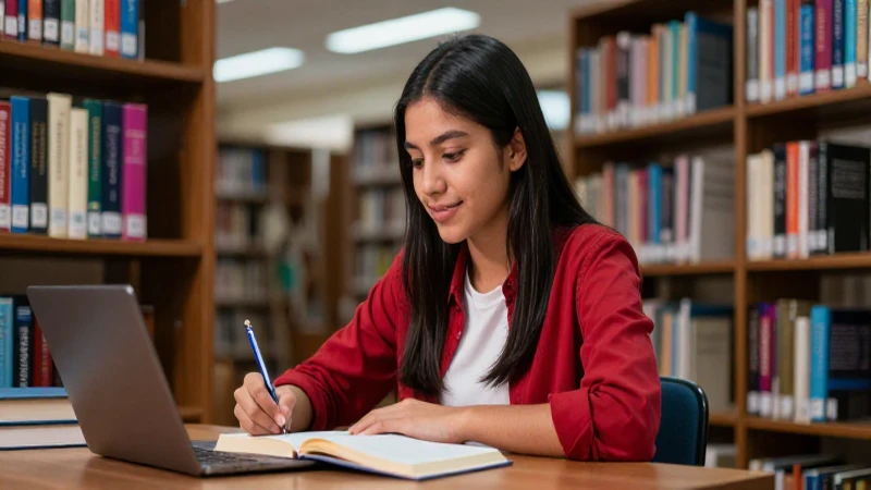 Estudiante mexicano brillante en moderna biblioteca
