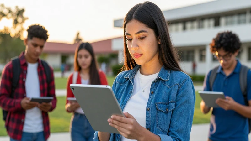 Estudiante mexicano concentrado con tablet en luz dorada