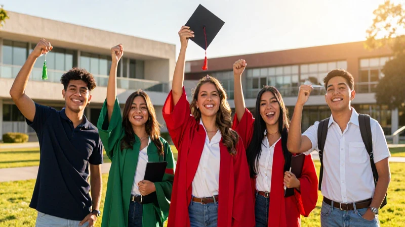 Estudiantes mexicanos celebrando éxito en universidad moderna