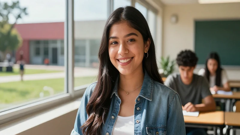 Estudiante mexicano sonriente en campus moderno