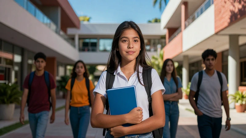 Estudiante mexicano diverso en campus moderno