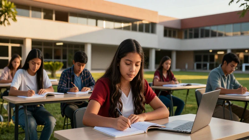 Estudiantes mexicanos diversos en campus moderno