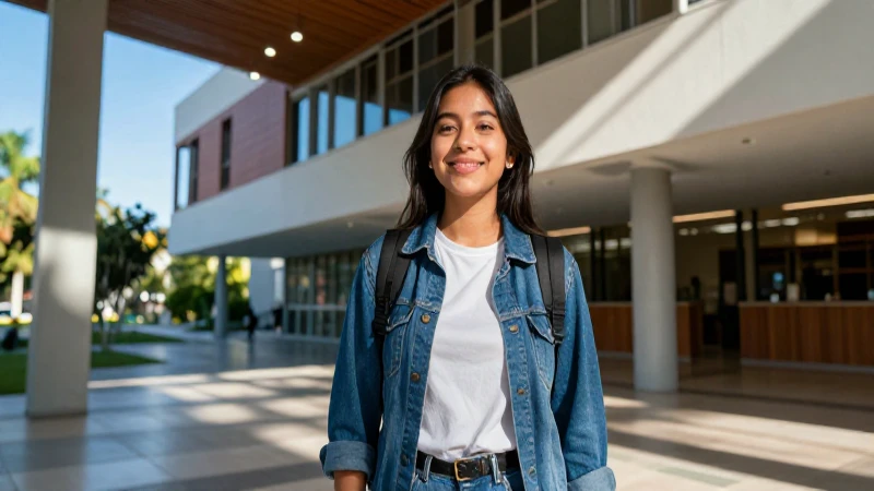 Estudiante joven en campus moderno, luz dramática