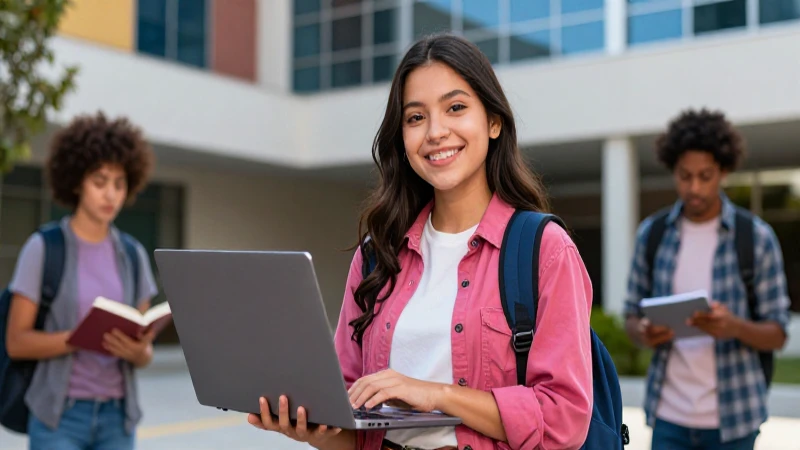 Estudiante mexicano exitoso en campus moderno