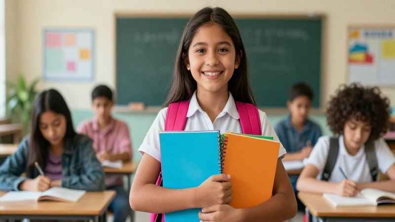 Estudiante mexicano sonriente con útiles nuevos en aula