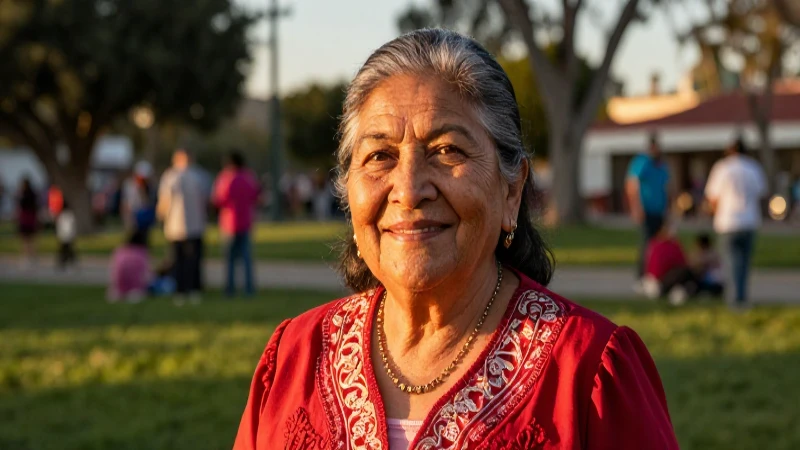 Mujer anciana mexicana sonríe al atardecer en un parque