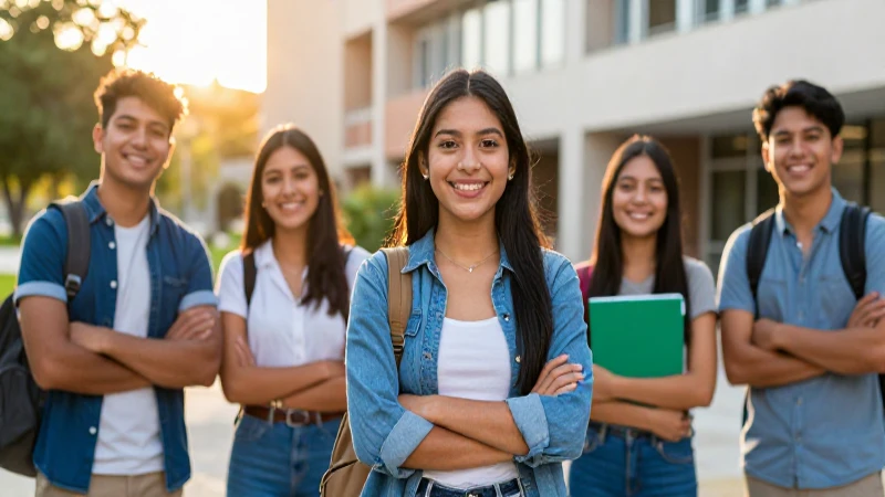 Joven mexicana sonríe en moderno campus universitario