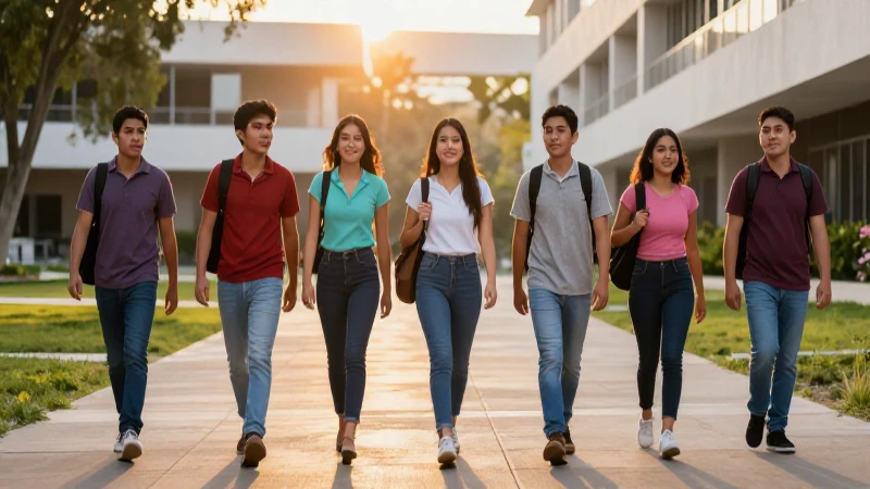 Estudiantes mexicanos, campus vibrante, luz dramática