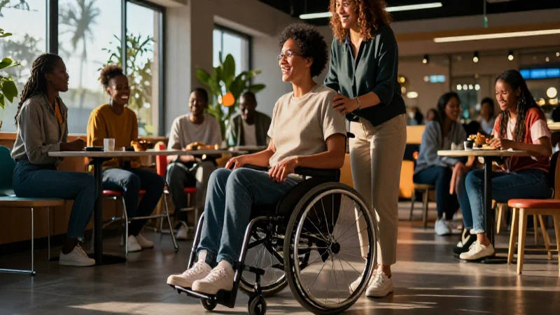 Persona alegre y moderna en silla de ruedas en un entorno accesible