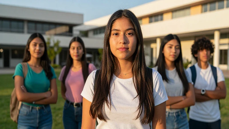 Estudiante mexicana radiante en campus moderno