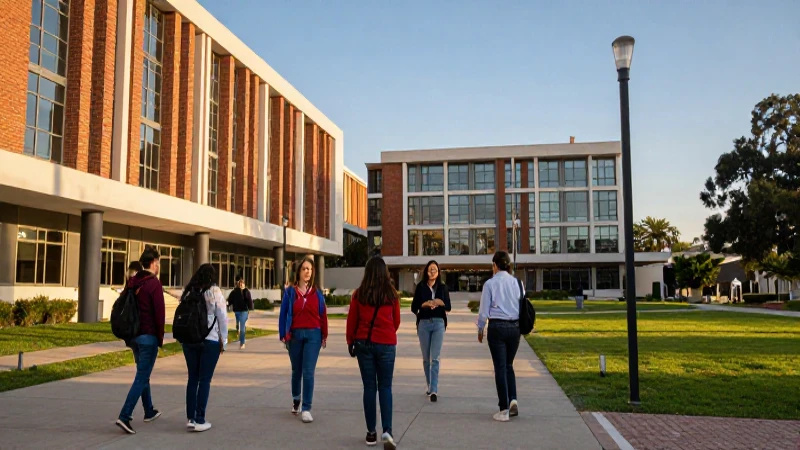Estudiante mexicano en campus moderno al atardecer