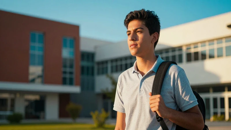 Estudiante mexicano en campus universitario al atardecer