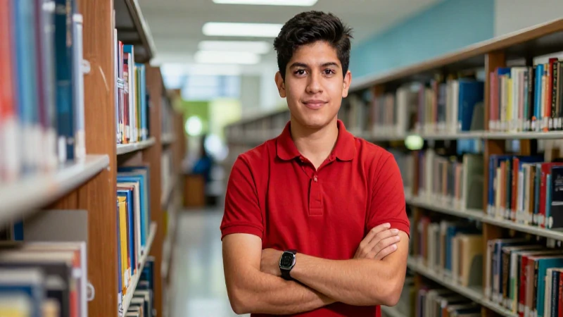 Joven estudiante mexicano exitoso en la biblioteca