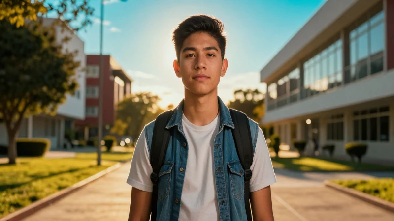 Joven estudiante mexicano con logro brillante en campus moderno