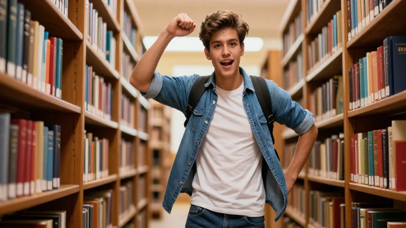 Joven ambicioso en biblioteca, estilo cinematográfico