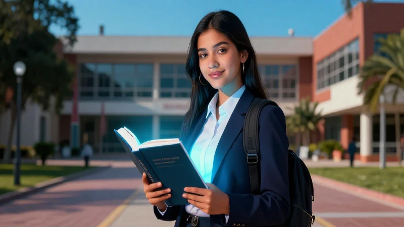 Estudiante mexicano con libro en campus moderno