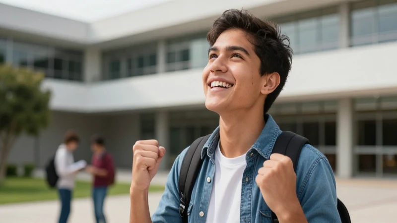 Joven mexicano triunfante en campus universitario vibrante