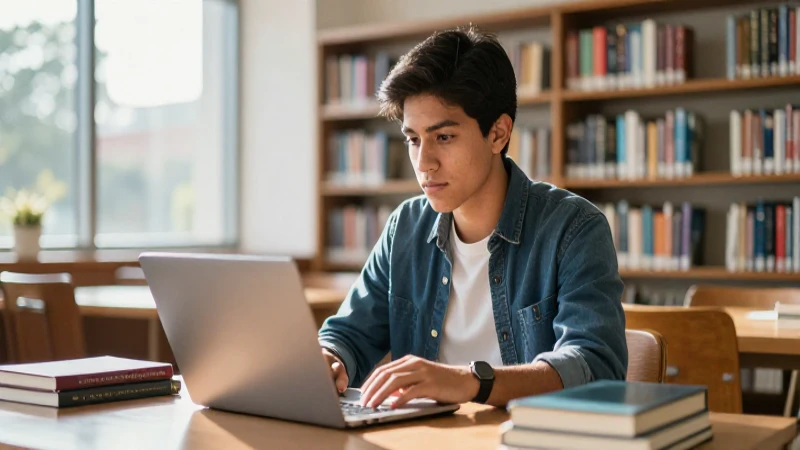 Estudiante mexicano enfocado en biblioteca moderna